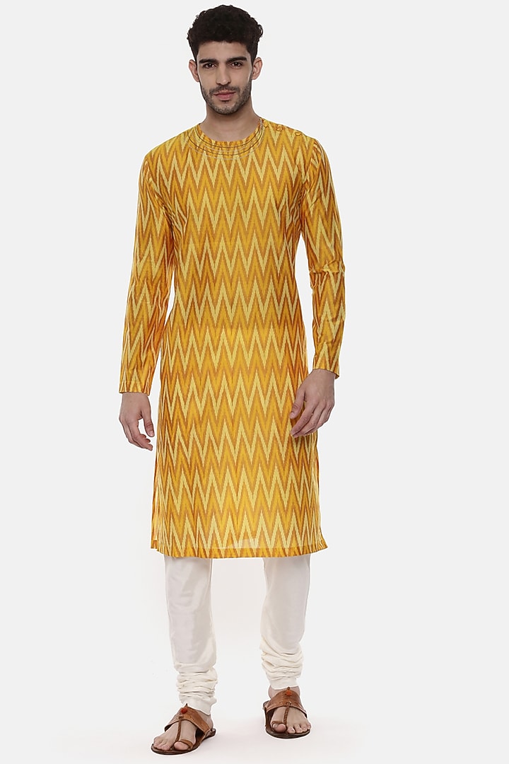Mustard Silk Ikat Kurta Set by Mayank Modi at Pernia's Pop Up Shop