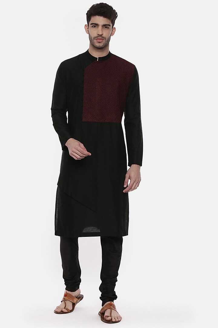 Black Silk Cotton Kurta Set by Mayank Modi at Pernia's Pop Up Shop