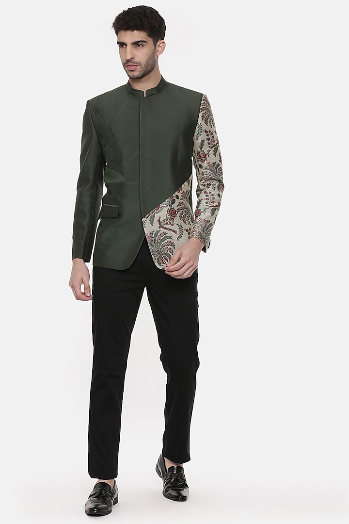 Green Printed Bandhgala Jacket  by Mayank Modi