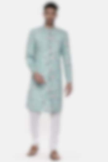 Mint Blue Linen Printed Wedding Sherwani Set by Mayank Modi at Pernia's Pop Up Shop