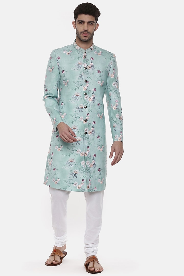 Mint Blue Linen Printed Sherwani Set by Mayank Modi