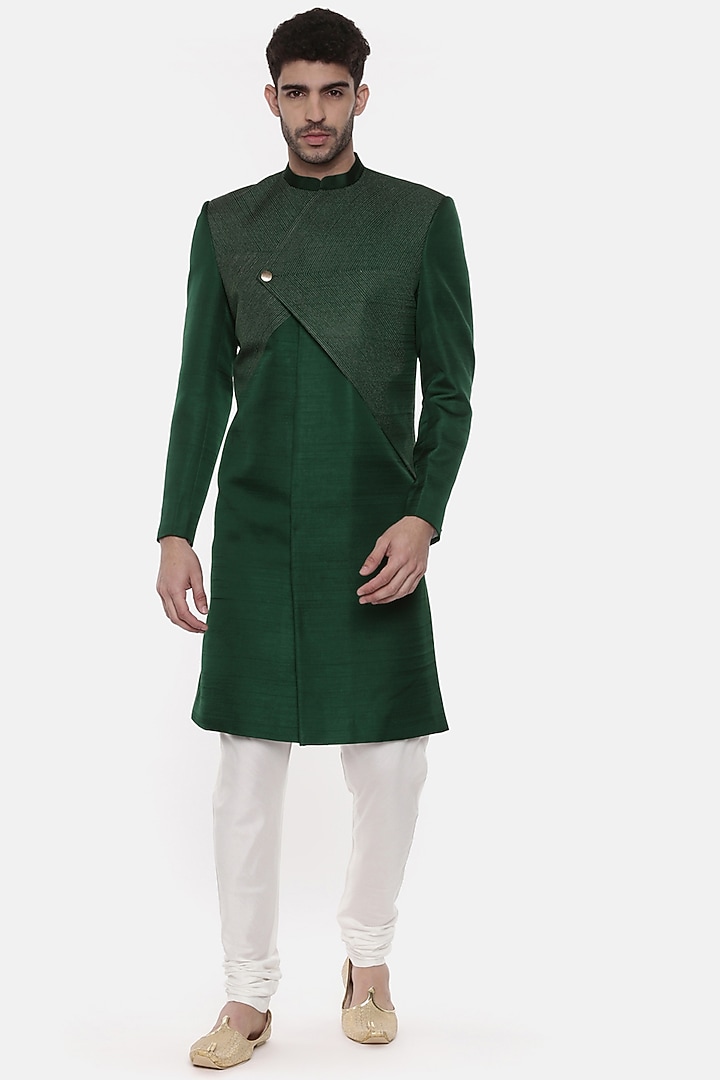 Green Slub Silk Wedding Sherwani Set by Mayank Modi at Pernia's Pop Up Shop