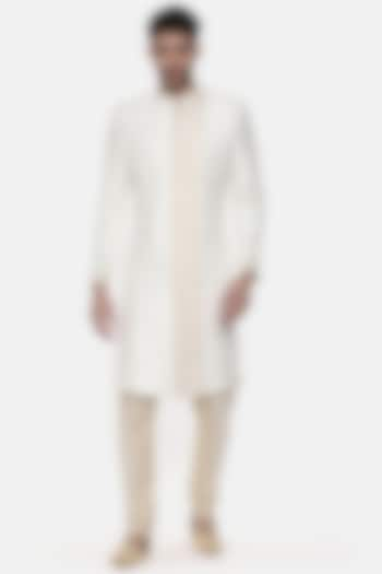 Ivory Slub Silk Wedding Sherwani Set by Mayank Modi at Pernia's Pop Up Shop