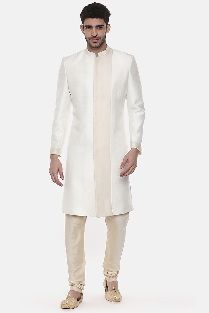 Ivory Slub Silk Wedding Sherwani Set by Mayank Modi at Pernia's Pop Up Shop