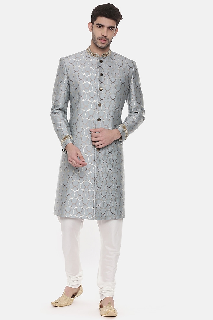 Blue Embroidered Sherwani Set by Mayank Modi