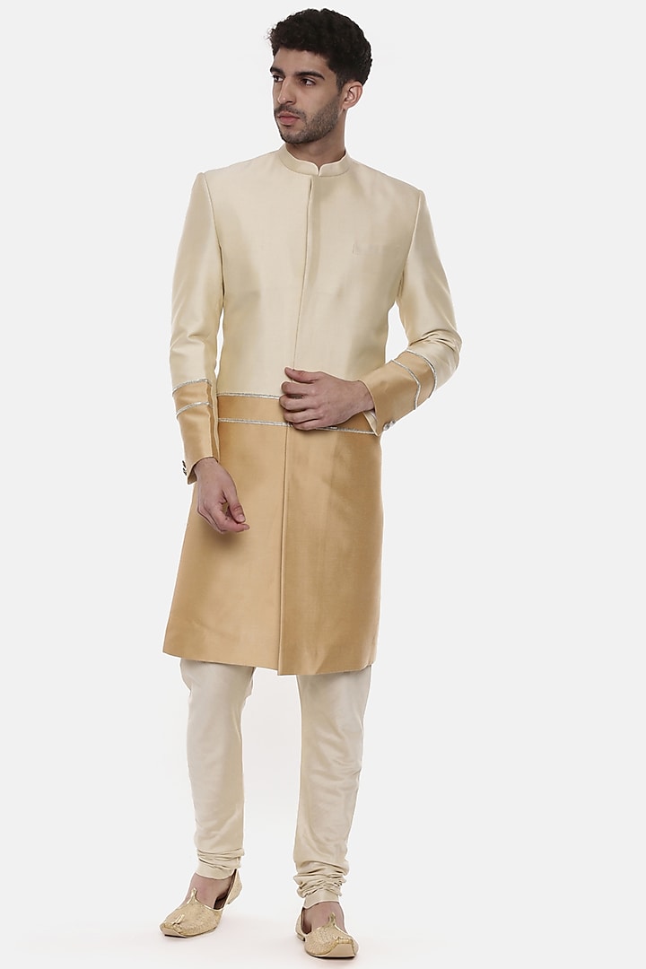 Beige & Gold Sequins Wedding Sherwani Set by Mayank Modi at Pernia's Pop Up Shop