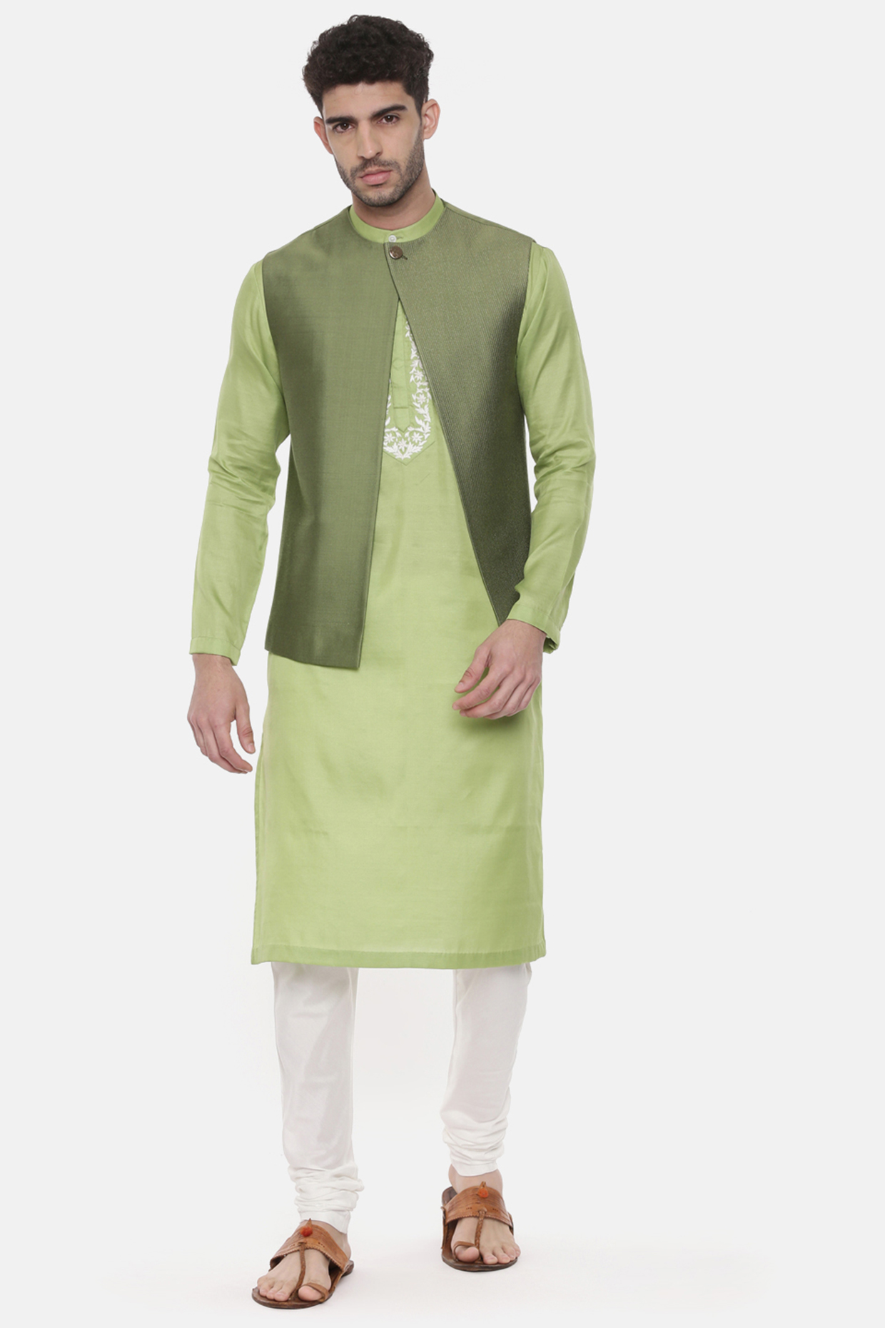 Green Silk Cotton Nehru Jacket by Mayank Modi at Pernia's Pop Up Shop