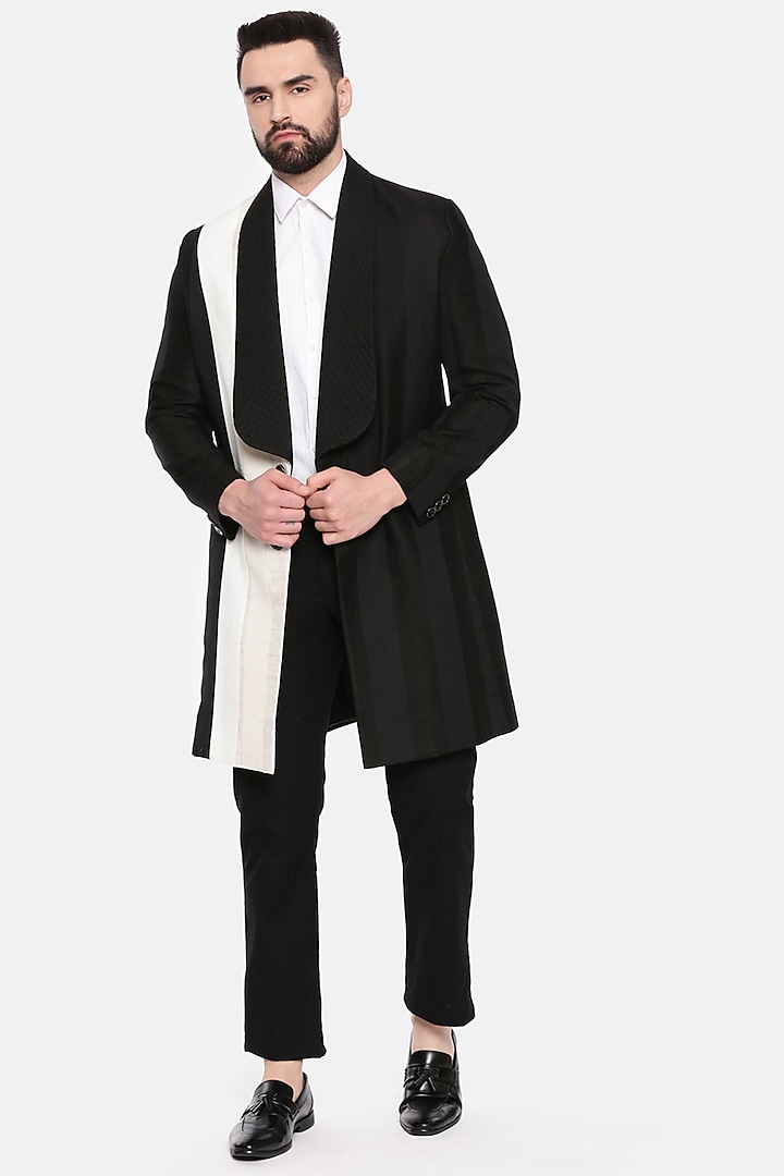 Black Linen Color-Blocked Trench Coat by Mayank Modi