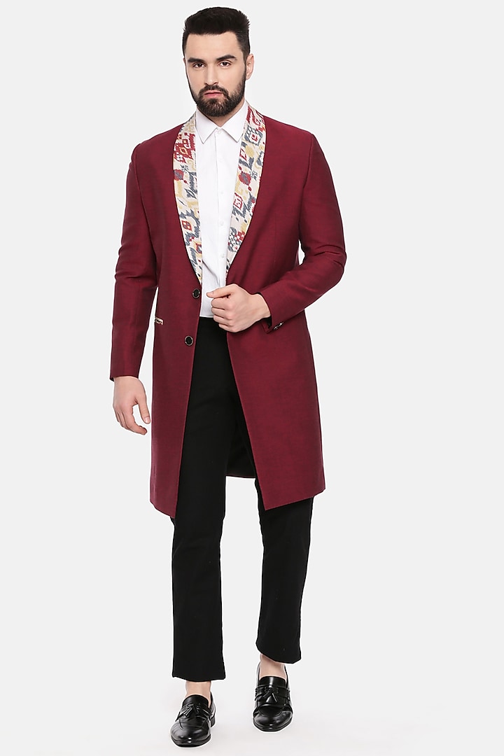 Maroon Cotton Printed Trench Coat by Mayank Modi