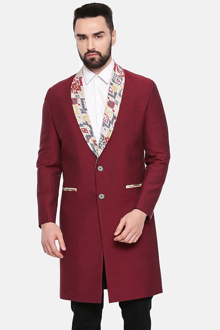 Maroon Cotton Printed Trench Coat by Mayank Modi at Pernia's Pop Up Shop