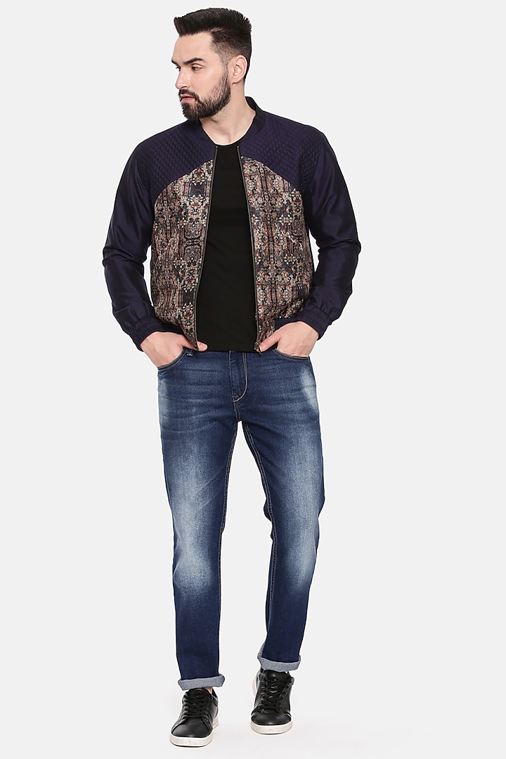 Blue & Beige Quilt Printed Bomber Jacket by Mayank Modi