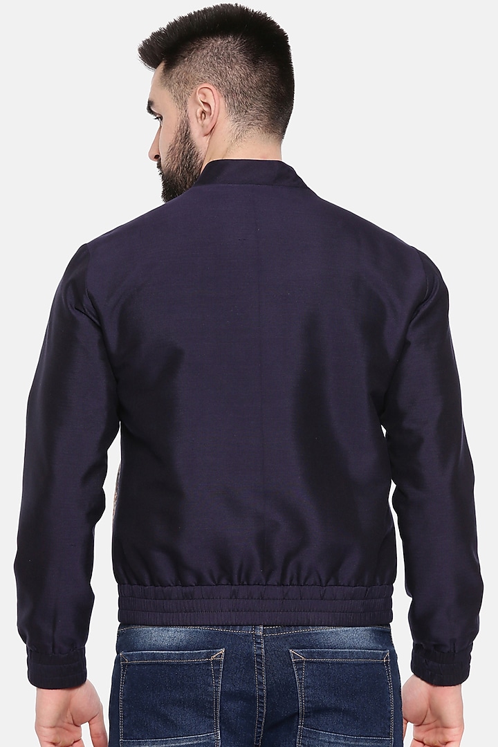 Blue & Beige Quilt Printed Bomber Jacket by Mayank Modi at Pernia's Pop Up Shop