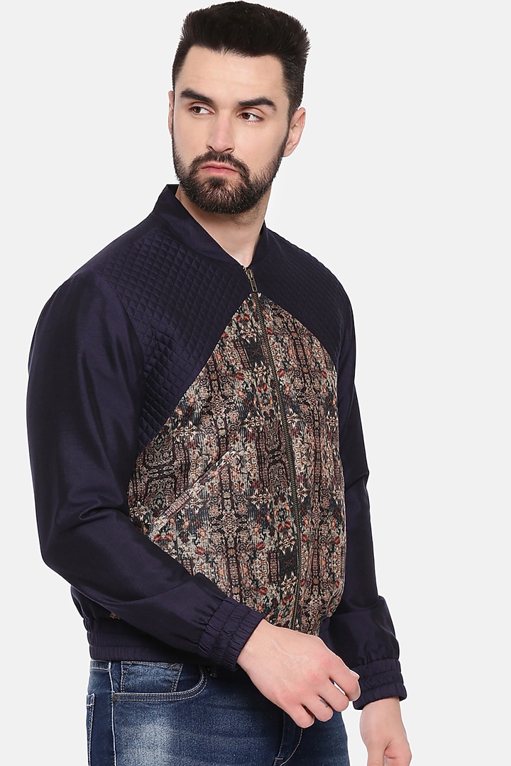 Blue & Beige Quilt Printed Bomber Jacket by Mayank Modi at Pernia's Pop Up Shop