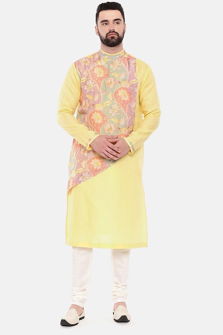 Yellow Linen Printed Kurta Set by Mayank Modi