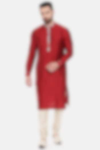 Red Silk Cotton Printed Kurta Set by Mayank Modi