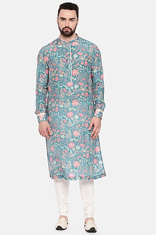 Blue Muslin Printed Kurta Set by Mayank Modi