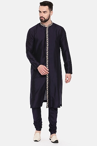 Navy Blue Silk Cotton Embroidered Kurta Set by Mayank Modi