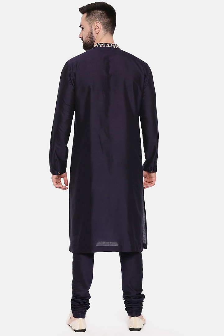 Navy Blue Silk Cotton Embroidered Kurta Set by Mayank Modi at Pernia's Pop Up Shop