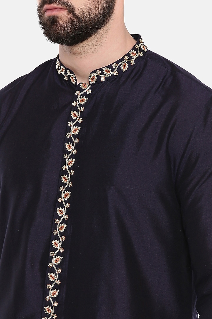 Navy Blue Silk Cotton Embroidered Kurta Set by Mayank Modi at Pernia's Pop Up Shop