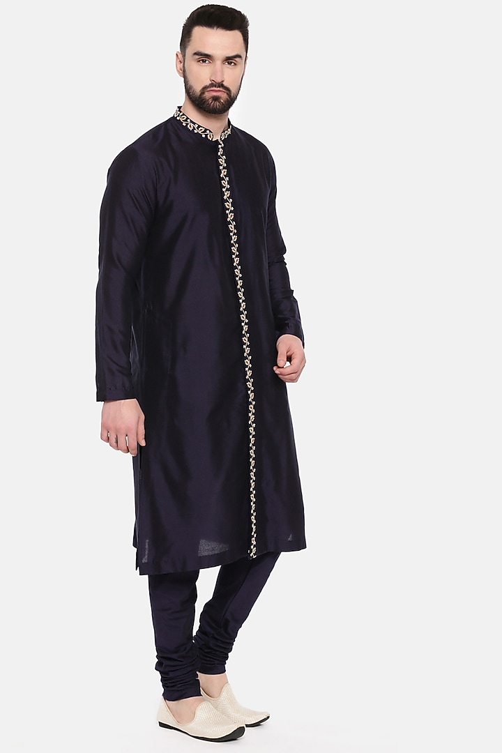 Navy Blue Silk Cotton Embroidered Kurta Set by Mayank Modi at Pernia's Pop Up Shop