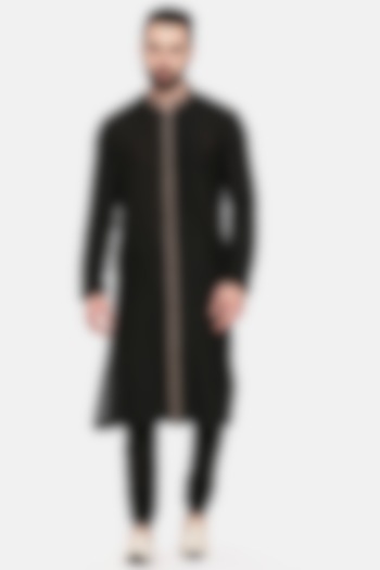 Black Silk Cotton Embroidered Kurta Set by Mayank Modi
