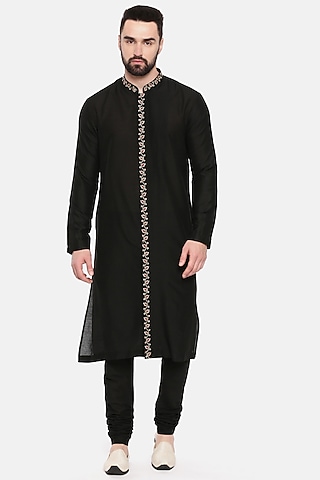 Black Silk Cotton Embroidered Kurta Set by Mayank Modi