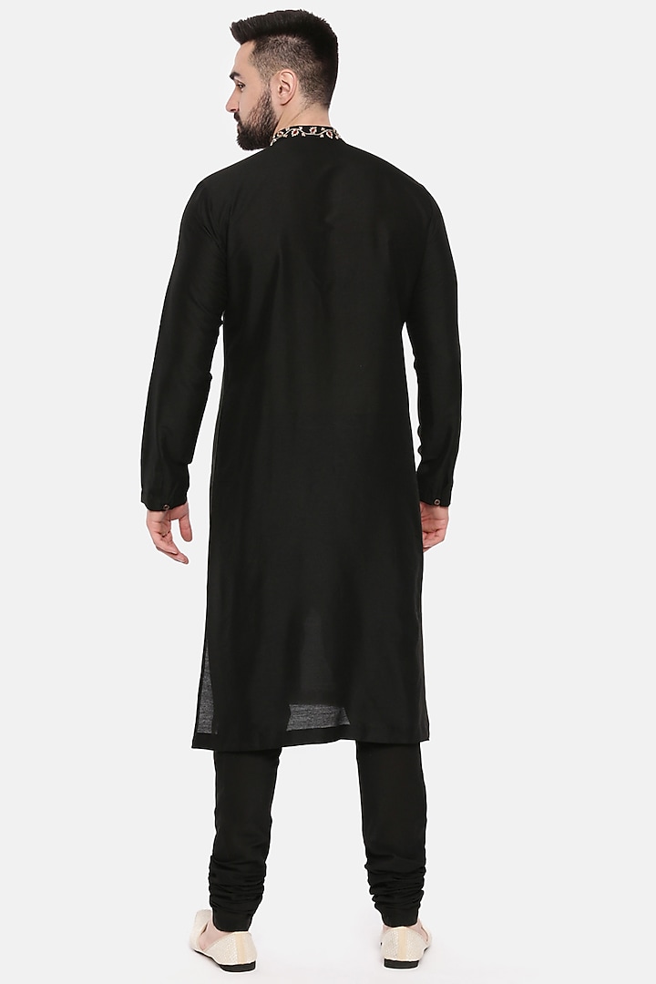 Black Silk Cotton Embroidered Kurta Set by Mayank Modi at Pernia's Pop Up Shop