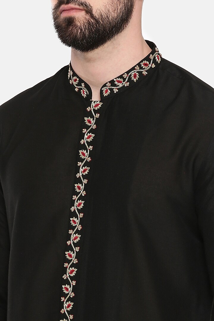 Black Silk Cotton Embroidered Kurta Set by Mayank Modi at Pernia's Pop Up Shop