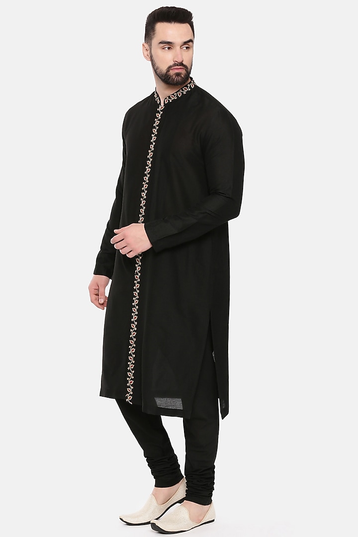 Black Silk Cotton Embroidered Kurta Set by Mayank Modi at Pernia's Pop Up Shop