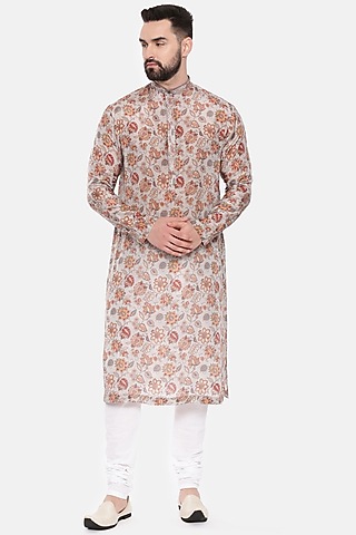 Grey Muslin Printed Kurta Set by Mayank Modi