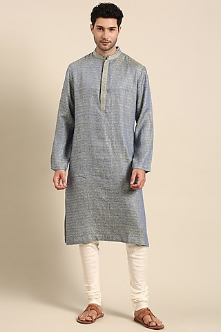 Blue Green Linen Jacquard Kurta Set by Mayank Modi