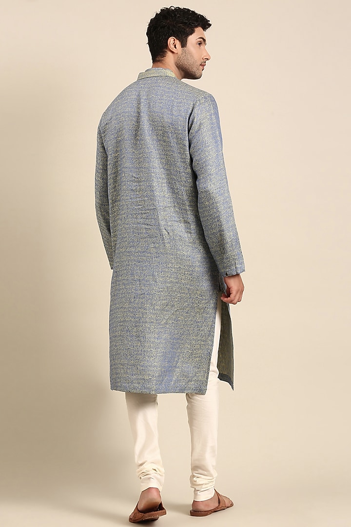 Blue Green Linen Jacquard Kurta Set by Mayank Modi at Pernia's Pop Up Shop