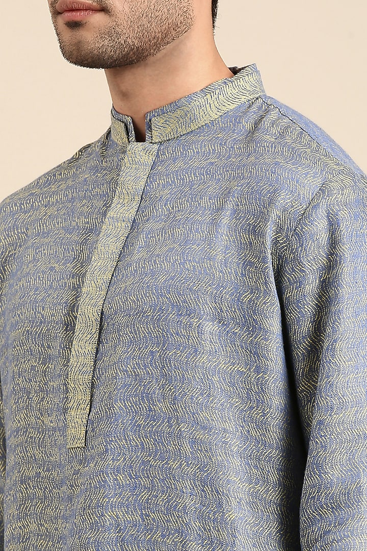 Blue Green Linen Jacquard Kurta Set by Mayank Modi at Pernia's Pop Up Shop