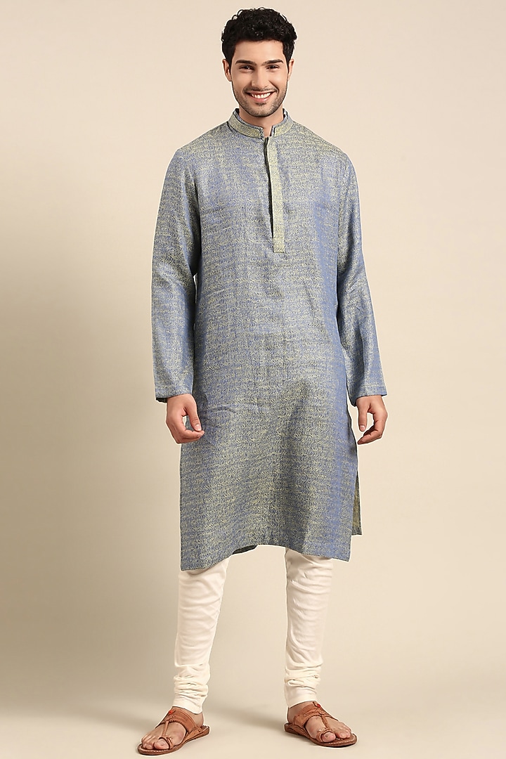 Blue Green Linen Jacquard Kurta Set by Mayank Modi at Pernia's Pop Up Shop