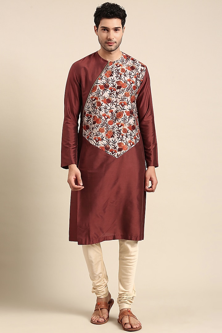 Brown Silk Cotton Chanderi Printed Asymmetric Kurta set by Mayank Modi