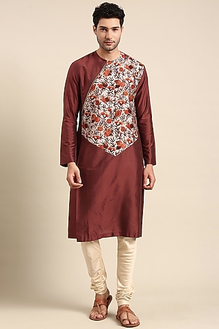 Brown Silk Cotton Chanderi Printed Asymmetric Kurta set by Mayank Modi