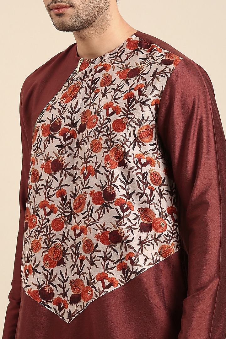 Brown Silk Cotton Chanderi Printed Asymmetric Kurta set by Mayank Modi at Pernia's Pop Up Shop