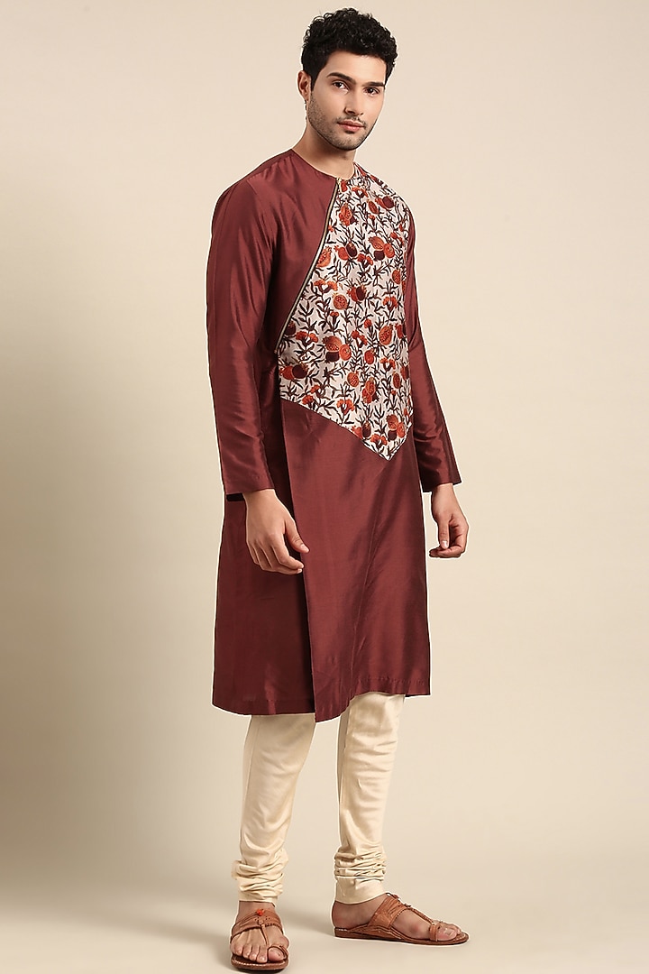 Brown Silk Cotton Chanderi Printed Asymmetric Kurta set by Mayank Modi at Pernia's Pop Up Shop
