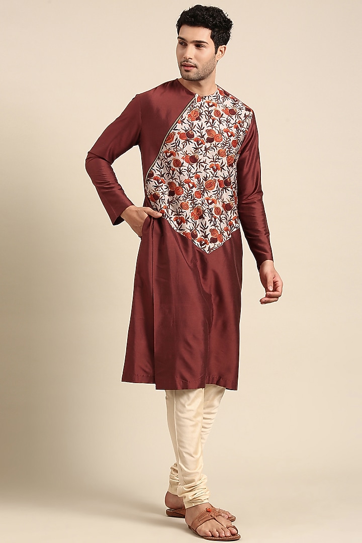 Brown Silk Cotton Chanderi Printed Asymmetric Kurta set by Mayank Modi at Pernia's Pop Up Shop