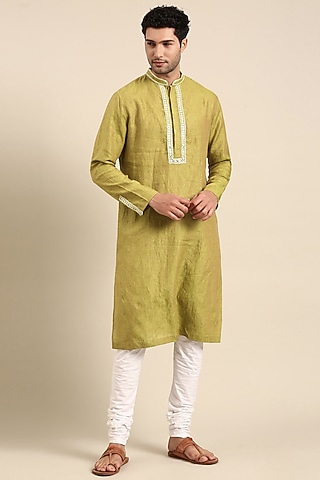 Green Linen Embroidered Kurta Set by Mayank Modi