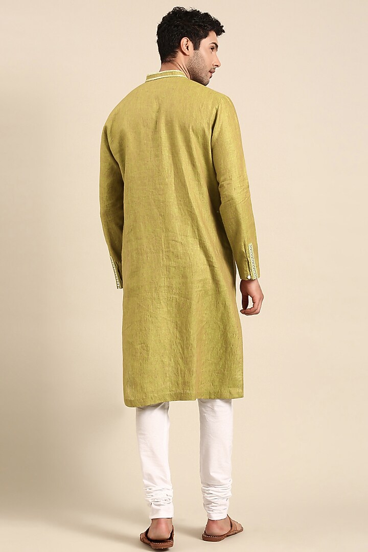 Green Linen Embroidered Kurta Set by Mayank Modi at Pernia's Pop Up Shop