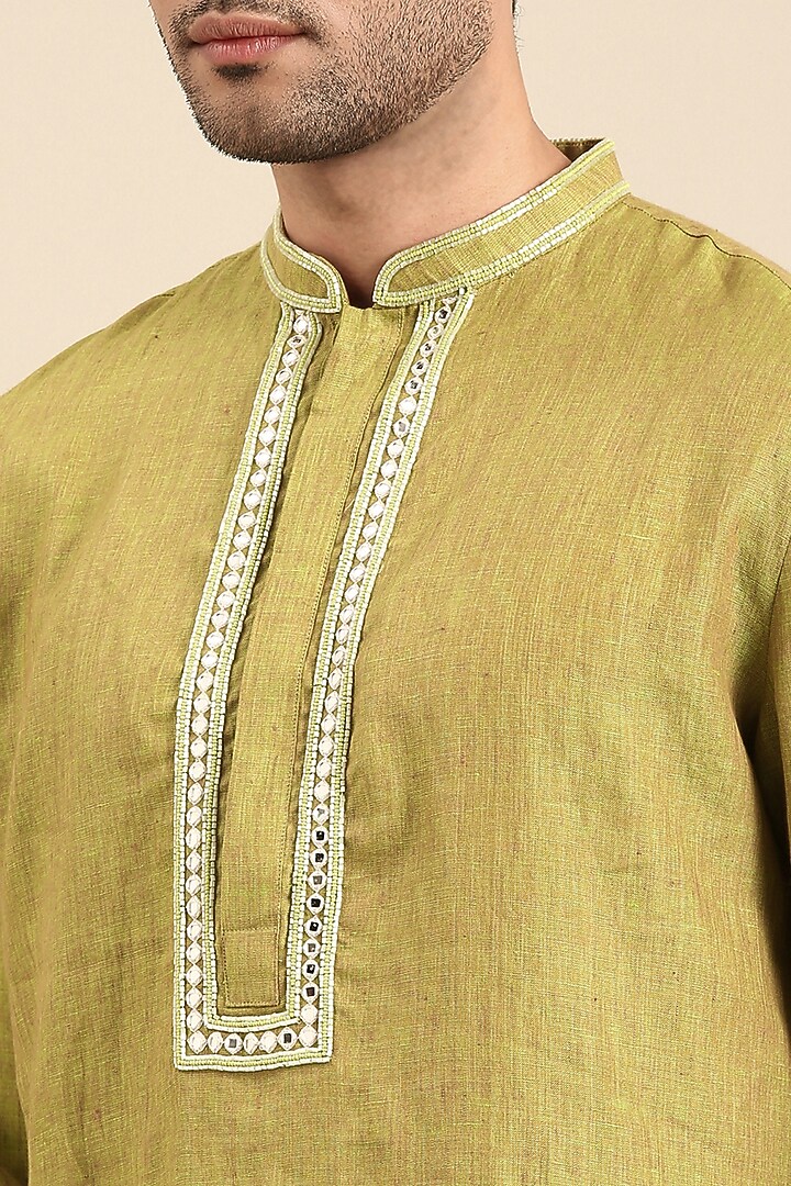 Green Linen Embroidered Kurta Set by Mayank Modi at Pernia's Pop Up Shop