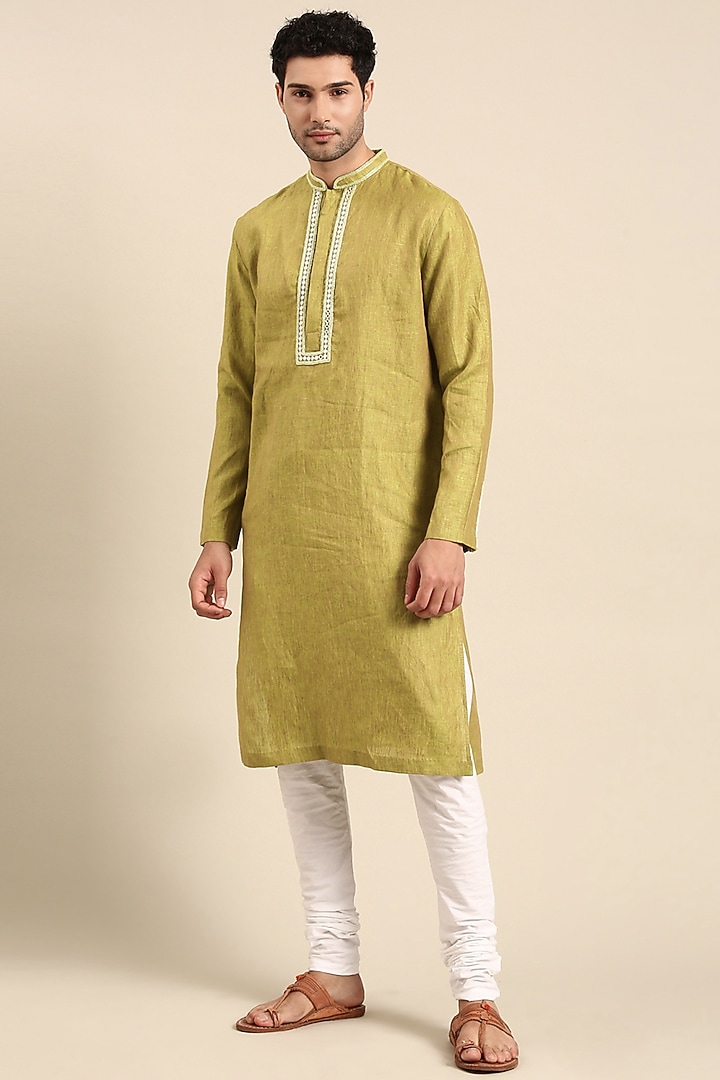 Green Linen Embroidered Kurta Set by Mayank Modi at Pernia's Pop Up Shop