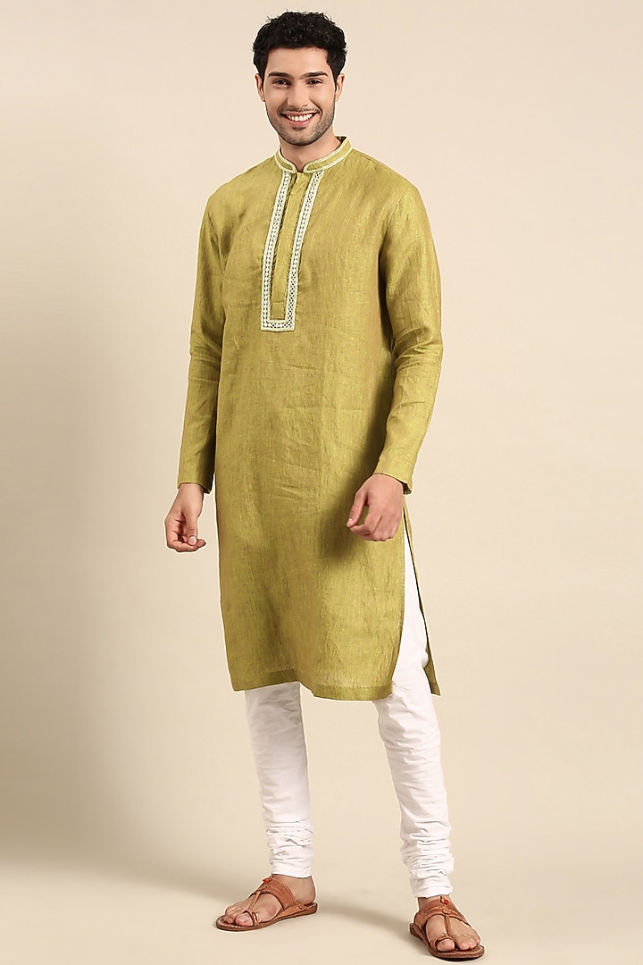 Green Linen Embroidered Kurta Set by Mayank Modi at Pernia's Pop Up Shop
