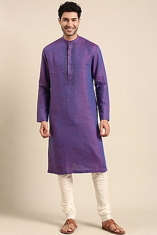 Purple Linen Embroidered Kurta Set by Mayank Modi