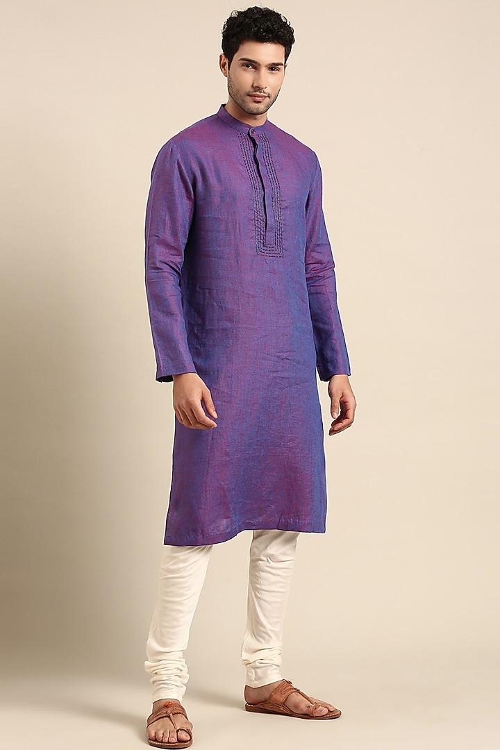 Purple Linen Embroidered Kurta Set by Mayank Modi at Pernia's Pop Up Shop