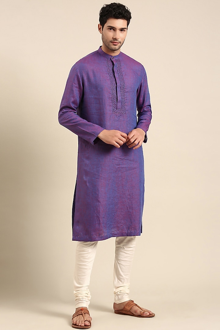 Purple Linen Embroidered Kurta Set by Mayank Modi at Pernia's Pop Up Shop