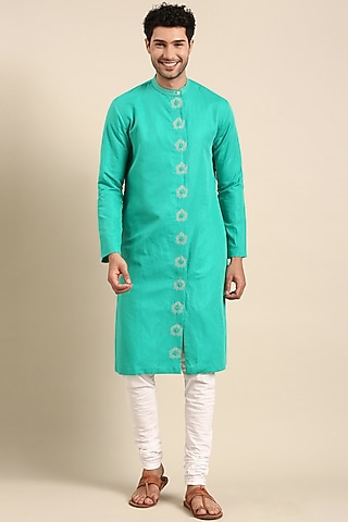 Sea Green Linen Embroidered Kurta Set by Mayank Modi