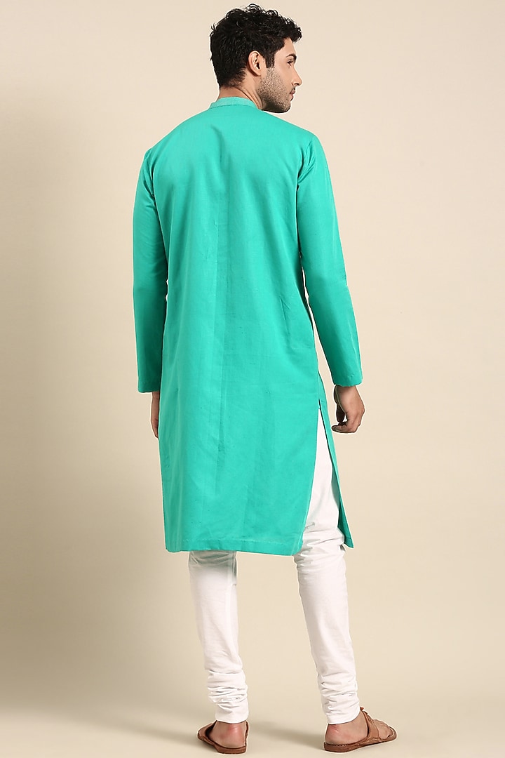 Sea Green Linen Embroidered Kurta Set by Mayank Modi at Pernia's Pop Up Shop