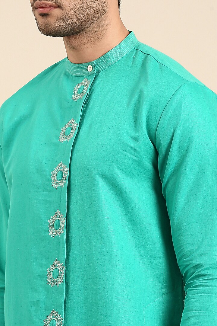 Sea Green Linen Embroidered Kurta Set by Mayank Modi at Pernia's Pop Up Shop
